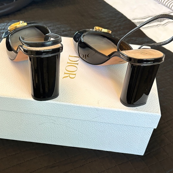 Dior Glossy Black Heels with Gold C D Accents - Picture 2 of 5